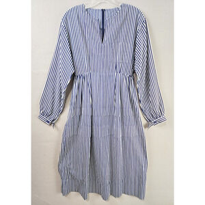 Striped Tiered Midi Dress Puff Sleeve V-Neck Lightweight Cottagecore Navy White
